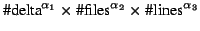 $\displaystyle \mbox{\char93 delta}^{\alpha_1} \times \mbox{\char93 files}^{\alpha_2} \times
\mbox{\char93 lines}^{\alpha_3}$